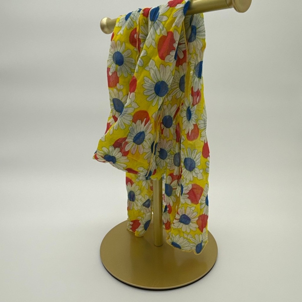 Vintage Yellow Floral Daisy Print Scarf Scalloped Edges Blue Red White Accent